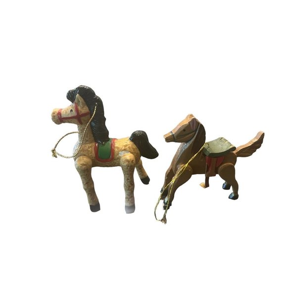 2 Vintage horse ornaments Wooden Taiwan w/Saddle 3.25” & Porcelain Russ 4” - Picture 2 of 9